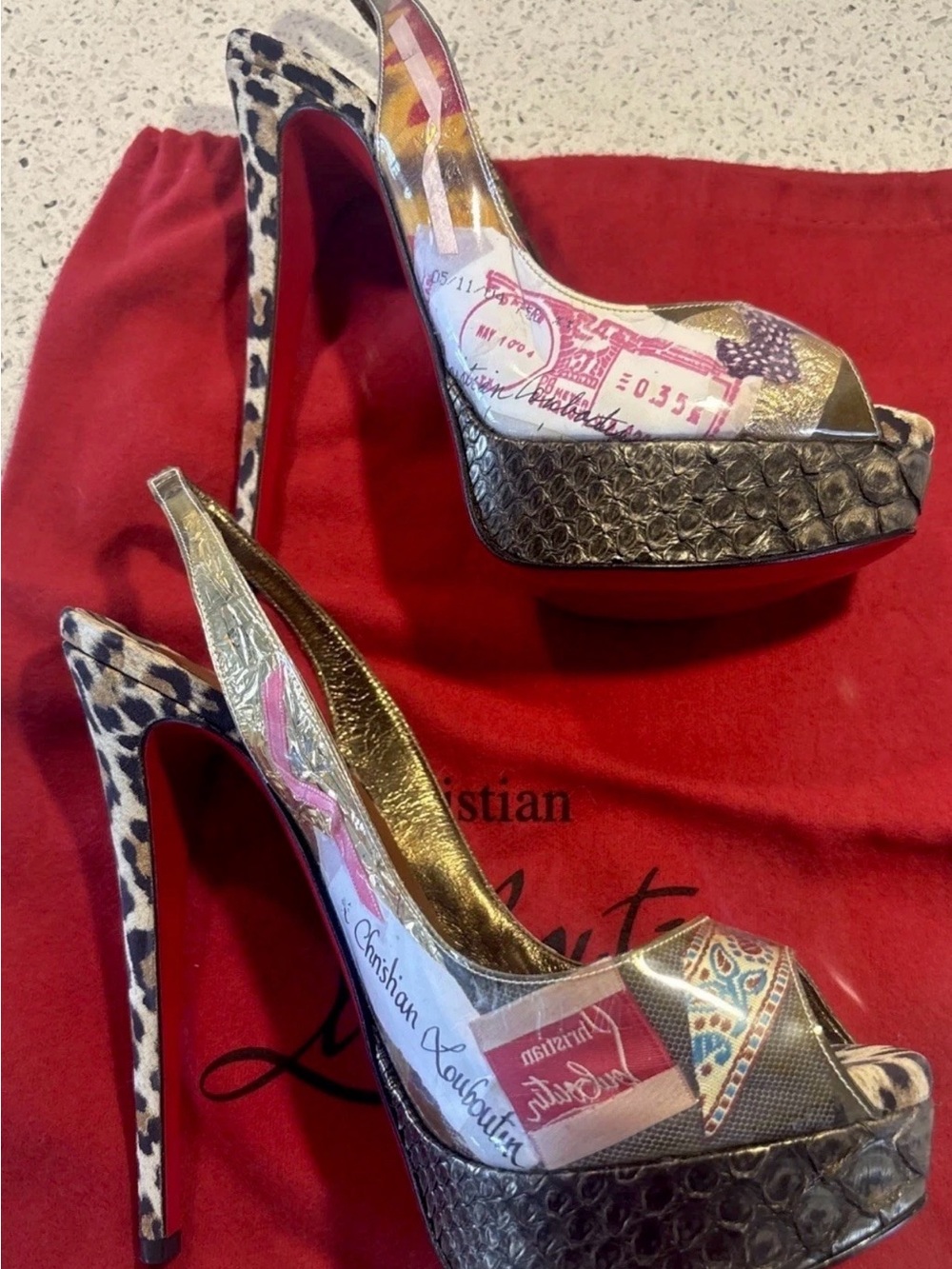 Christian Louboutin “Winter Trash” 150 PVC/Suede Leopard peeptoe sling backs 38